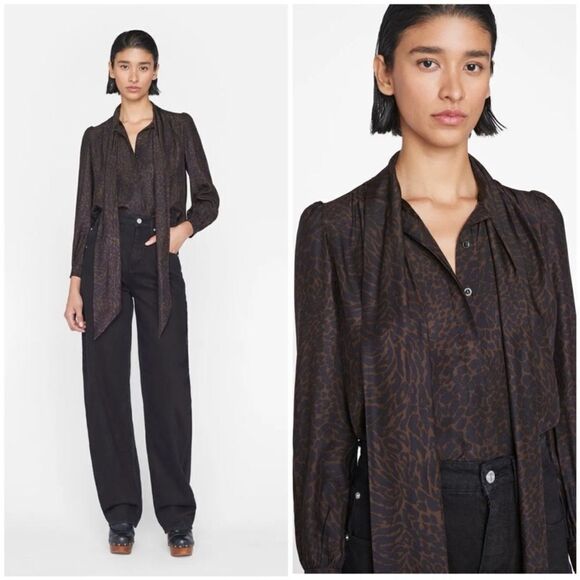 NWT Frame Silk Femme Tie Neck Blouse in Espresso Multi Small $458 - Picture 1 of 10